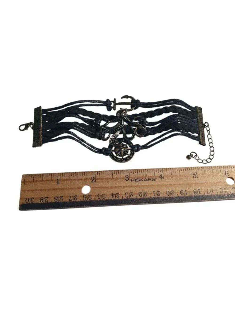 Black Leather Nautical Charm Bracelet Adjustable Anchor Compass Pendant Layered